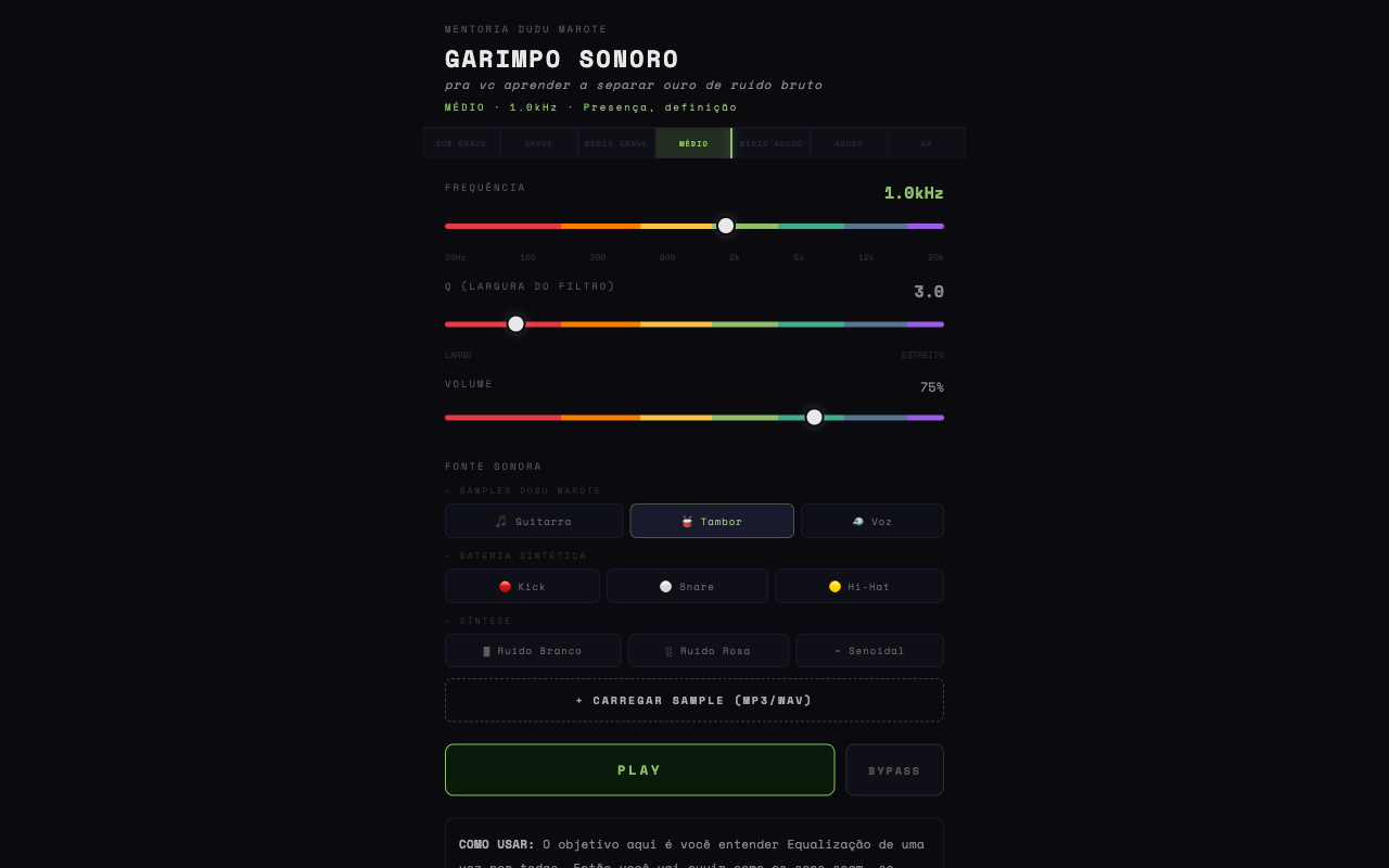 Garimpo Sonoro — app de treino de ouvido em faixas de frequência por Dudu Marote